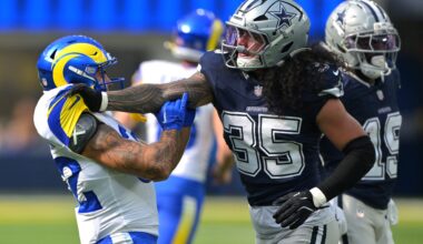 Aug 9, 2025; Inglewood, California, USA; Dallas Cowboys linebacker Marist Liufau (35) grabs a hold of Los Angeles Rams running back Cody Schrader (32) following a play in the first half at SoFi Stadium.
