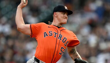 Aug 19, 2025; Detroit, Michigan, USA; Houston Astros starting pitcher Hunter Brown (58) throws a pitch against the Detroit Tigers in the first inning at Comerica Park. Mandatory Credit: Lon Horwedel-Imagn Images