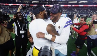 Sep 28, 2025; Arlington, Texas, USA; Dallas Cowboys quarterback Dak Prescott (4) and Green Bay Packers defensive end Micah Parsons (1) embrace after the game at AT&T Stadium.