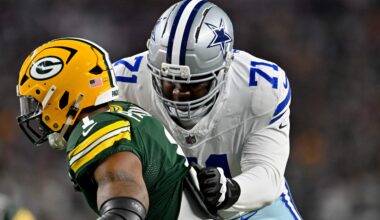 Sep 28, 2025; Arlington, Texas, USA; Dallas Cowboys offensive tackle Nate Thomas (71) blocks Green Bay Packers defensive end Micah Parsons (1) during the game between the Dallas Cowboys and the Green Bay Packers at AT&T Stadium.