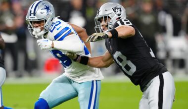 Nov 17, 2025; Paradise, Nevada, USA; Dallas Cowboys cornerback C.J. Goodwin (29) defends against Las Vegas Raiders wide receiver Jack Bech (18) during the first half at Allegiant Stadium.