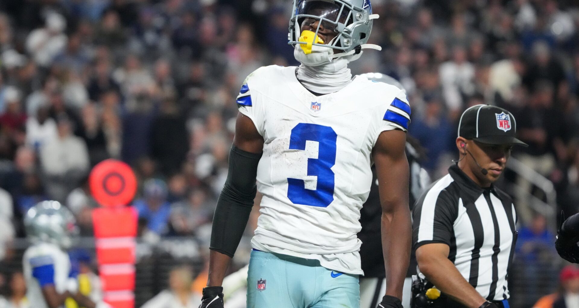 Nov 17, 2025; Paradise, Nevada, USA; Dallas Cowboys wide receiver George Pickens (3) reacts after making a catch against the Las Vegas Raiders during the second half at Allegiant Stadium.