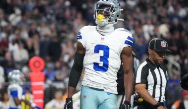 Nov 17, 2025; Paradise, Nevada, USA; Dallas Cowboys wide receiver George Pickens (3) reacts after making a catch against the Las Vegas Raiders during the second half at Allegiant Stadium.