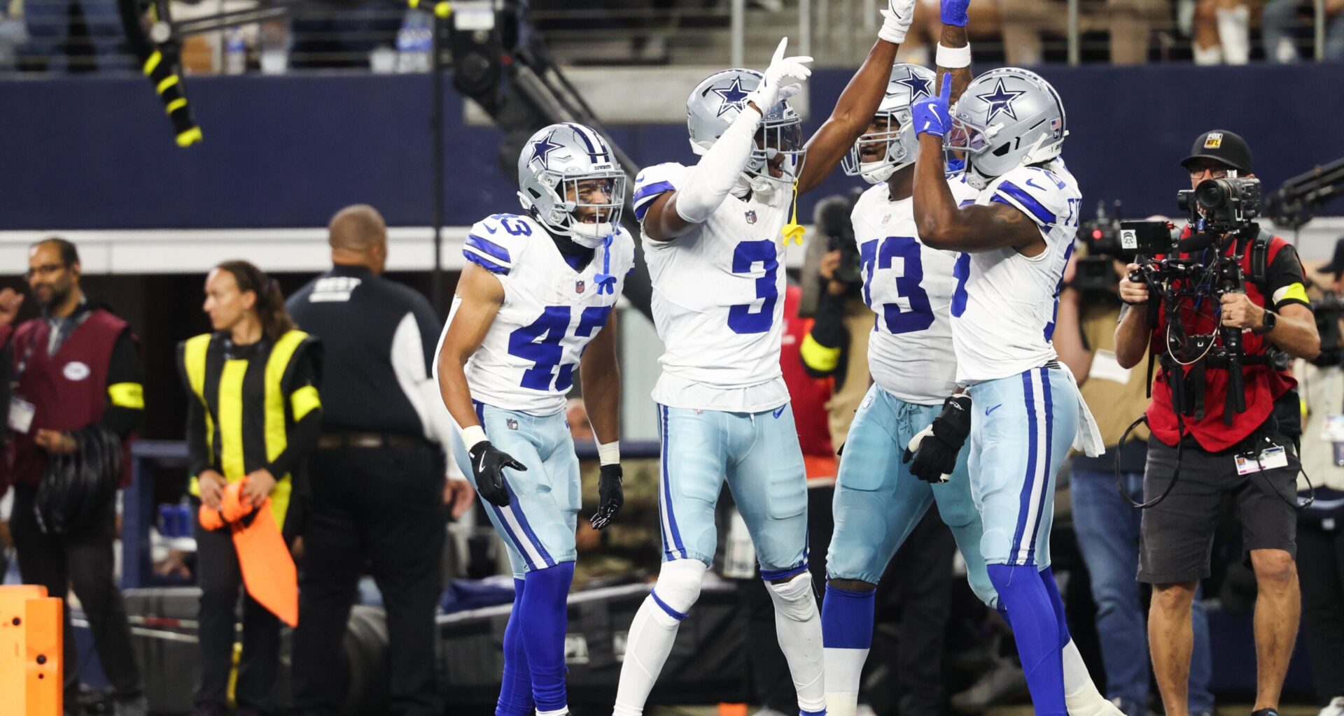 Nov 23, 2025; Arlington, Texas, USA; Dallas Cowboys wide receiver George Pickens (3) celebrates a touchdown in the second quarter against the Philadelphia Eagles at AT&T Stadium.