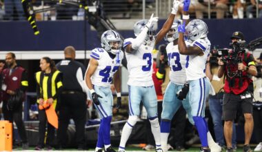 Nov 23, 2025; Arlington, Texas, USA; Dallas Cowboys wide receiver George Pickens (3) celebrates a touchdown in the second quarter against the Philadelphia Eagles at AT&T Stadium.
