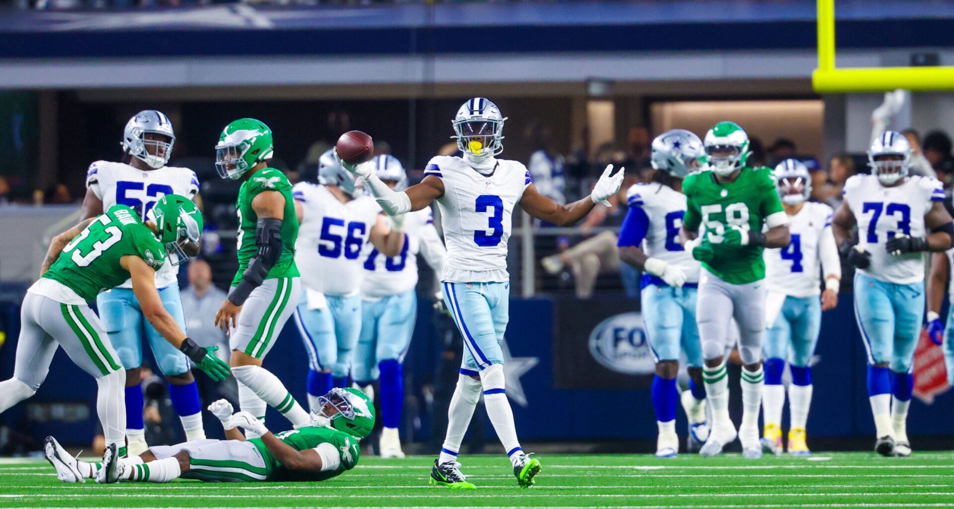 Nov 23, 2025; Arlington, Texas, USA; Dallas Cowboys wide receiver George Pickens (3) reacts during the game against the Philadelphia Eagles at AT&T Stadium.
