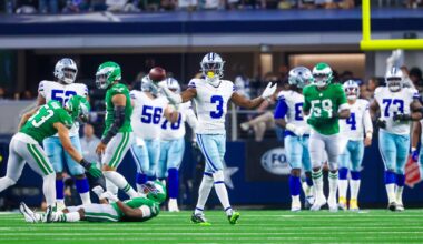 Nov 23, 2025; Arlington, Texas, USA; Dallas Cowboys wide receiver George Pickens (3) reacts during the game against the Philadelphia Eagles at AT&T Stadium.