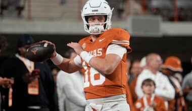 Nov 28, 2025; Austin, Texas, USA; Texas Longhorns quarterback Arch Manning warms up before a game against the Texas A&M Aggies at Darrell K Royal-Texas Memorial Stadium.