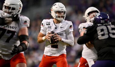 Nov 29, 2025; Fort Worth, Texas, USA; Cincinnati Bearcats quarterback Brendan Sorsby (2) drops back to pass against the TCU Horned Frogs during the first half at Amon G. Carter Stadium.