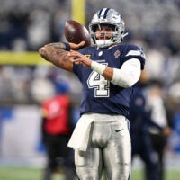 Dec 4, 2025; Detroit, Michigan, USA; Dallas Cowboys quarterback Dak Prescott (4) warms up before a game against the Detroit Lions at Ford Field.