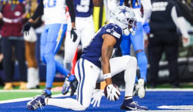 Dec 21, 2025; Arlington, Texas, USA; Dallas Cowboys wide receiver Ryan Flournoy (19) celebrates after catching a touchdown pass against the Los Angeles Chargers during the first quarter at AT&T Stadium.