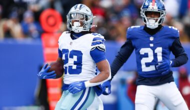 Jan 4, 2026; East Rutherford, New Jersey, USA; Dallas Cowboys running back Jaydon Blue (23) celebrates after scoring a touchdown during the first quarter against the New York Giants at MetLife Stadium.