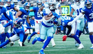 Dallas Cowboys running back Jaydon Blue (23) scores the first touchdown of the game, Sunday, January 4, 2026, in East Rutherford.