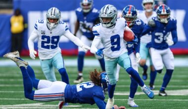 Jan 4, 2026; East Rutherford, New Jersey, USA; Dallas Cowboys wide receiver Kavontae Turpin (9) returns a kickoff as New York Giants punter Jamie Gillan (12) pursues during the second half at MetLife Stadium.