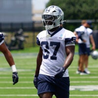 Jun 16, 2026; Dallas, TX, USA; Dallas Cowboys running back Phil Mafah (37) goes through a drill during practice at the Ford Center at the Star Training Facility in Frisco, Texas.