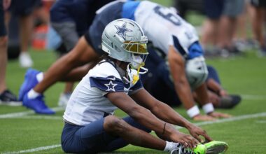 Jun 16, 2026; Dallas, TX, USA; Dallas Cowboys wide receiver George Pickens (3) stretches before practice at the Ford Center at the Star Training Facility in Frisco, Texas.