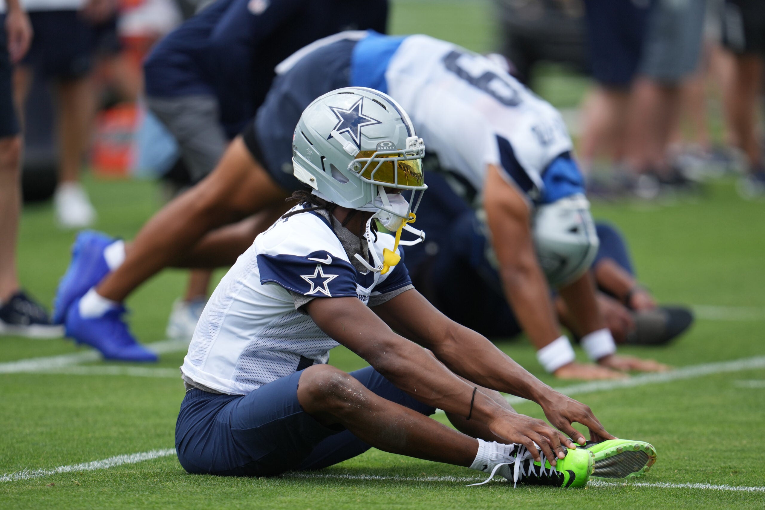 Jun 16, 2026; Dallas, TX, USA; Dallas Cowboys wide receiver George Pickens (3) stretches before practice at the Ford Center at the Star Training Facility in Frisco, Texas.