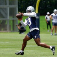 Jun 16, 2026; Dallas, TX, USA; Dallas Cowboys safety Caleb Downs (13) goes through a drill during practice at the Ford Center at the Star Training Facility in Frisco, Texas.