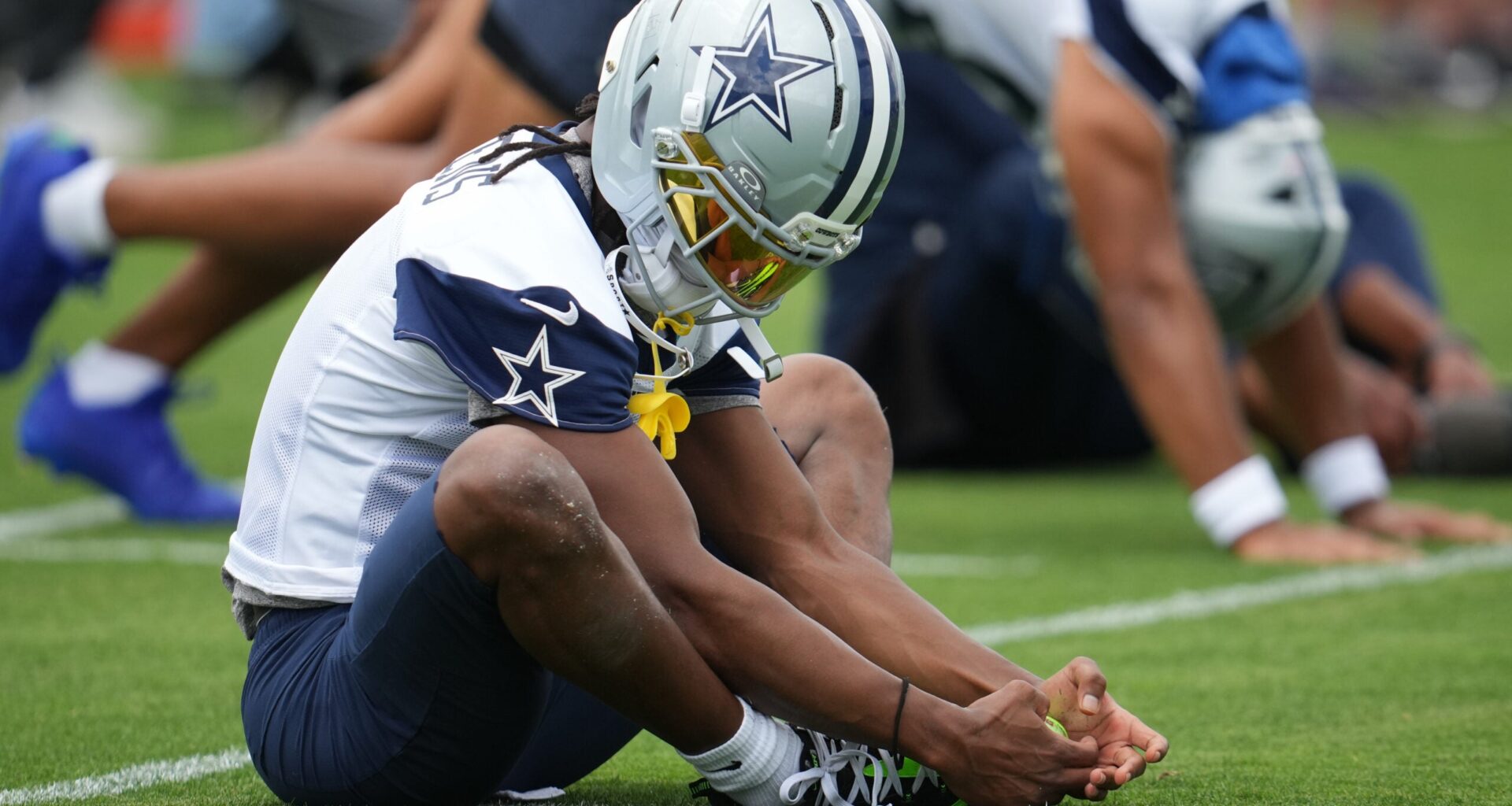 Jun 16, 2026; Dallas, TX, USA; Dallas Cowboys wide receiver George Pickens (3) stretches before practice at the Ford Center at the Star Training Facility in Frisco, Texas.