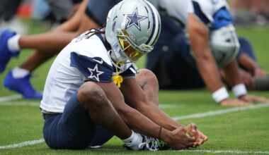 Jun 16, 2026; Dallas, TX, USA; Dallas Cowboys wide receiver George Pickens (3) stretches before practice at the Ford Center at the Star Training Facility in Frisco, Texas.