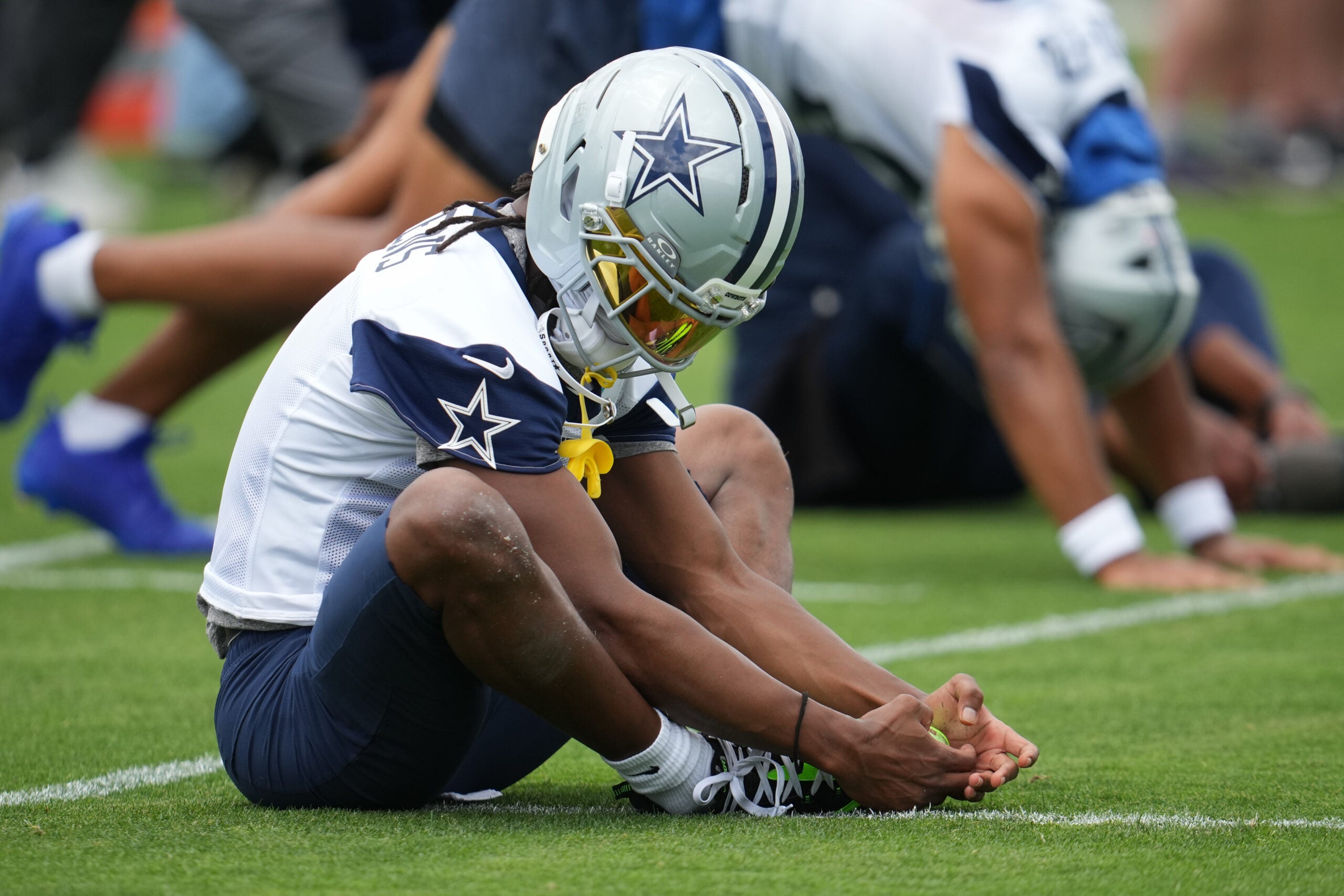 Jun 16, 2026; Dallas, TX, USA; Dallas Cowboys wide receiver George Pickens (3) stretches before practice at the Ford Center at the Star Training Facility in Frisco, Texas.