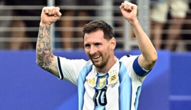 June 22, 2026; Arlington, Texas, U.S.; Argentina's Lionel Messi celebrates scoring their second goal. Mandatory Credit: Maria Lysaker-Imagn Images