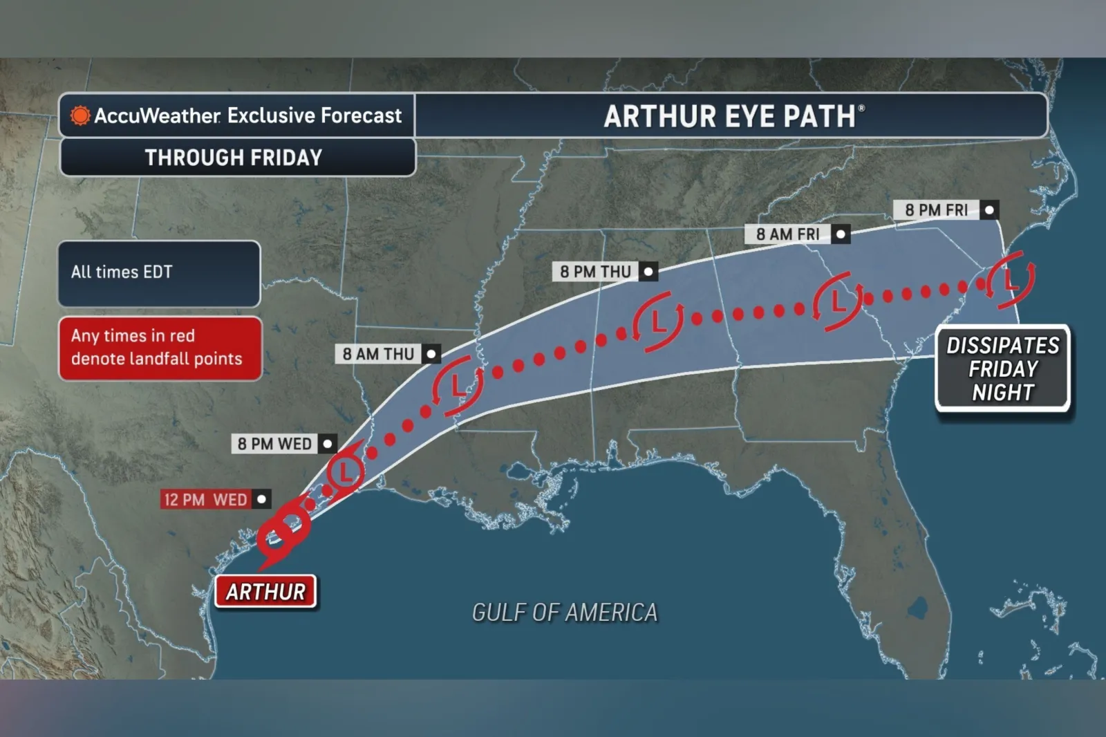 AccuWeather's forecast map depicts the system's expected path through Friday.