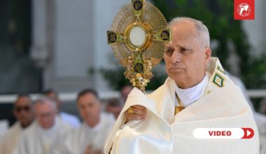 Pope Leo carrying the Blessed Sacrament on Corpus Christi Sunday in Madrid. June 7, 2026. Credit: Vatican Media