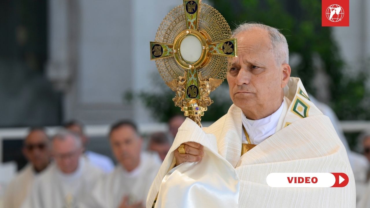 Pope Leo carrying the Blessed Sacrament on Corpus Christi Sunday in Madrid. June 7, 2026. Credit: Vatican Media