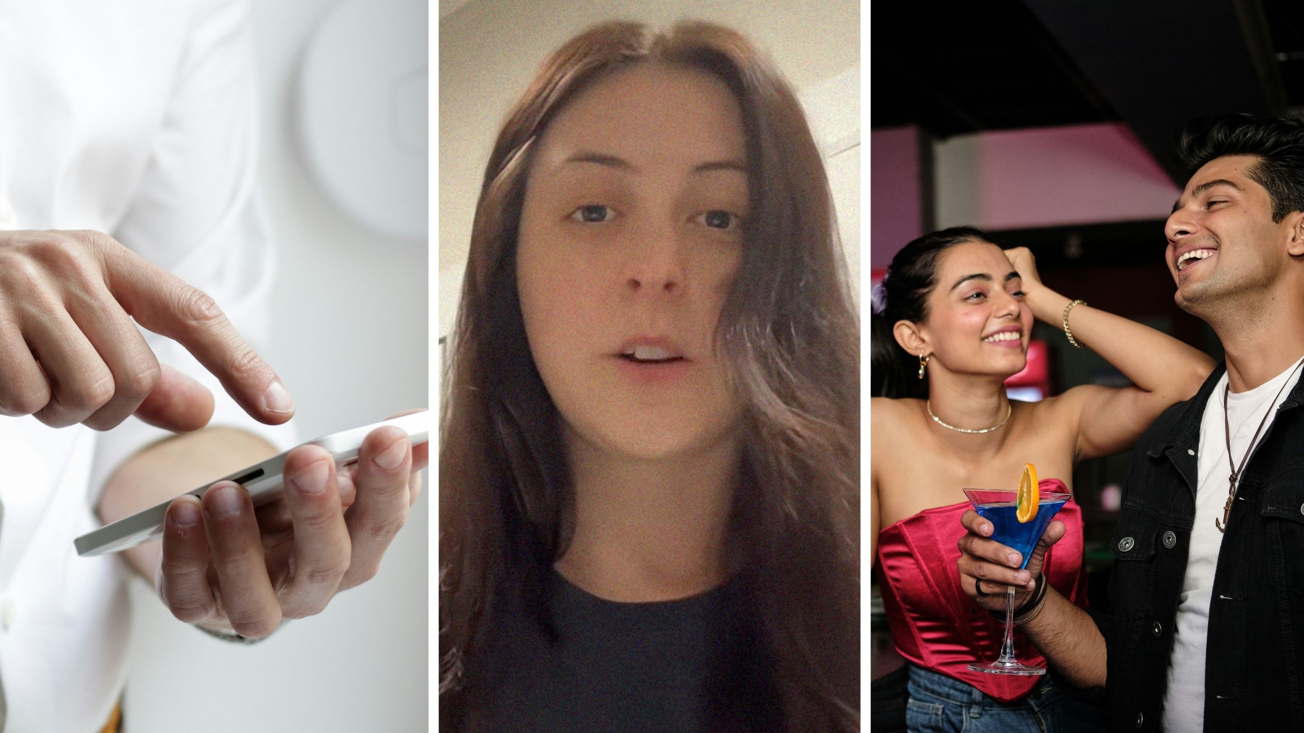 man sharing his contact to woman (l) woman shares story of a guy she met (c) woman and man at a bar (r)