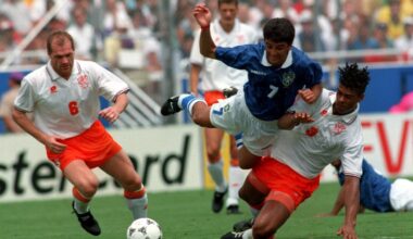 9 Jul 1994: Bebeto of Brazil, in air, and Nouters, right, and Rijkaard of Holland in action during the 1994 World Cup match Brazil v Holland at the Cotton Bowl