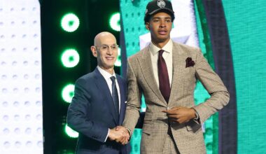 NBA commissioner Adam Silver shakes hands with Chris Cenac Jr. after he is drafted by the Celtics No. 27 overall in the first round of the NBA Draft Tuesday night at Barclays Center in Brooklyn.