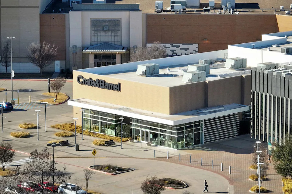 The Crate & Barrel store with the closed Macy’s department story are seen in an aerial view of The Shops at Willow Bend on Thursday, Feb. 5, 2026, in Plano. (Smiley N. Pool/Staff Photographer)