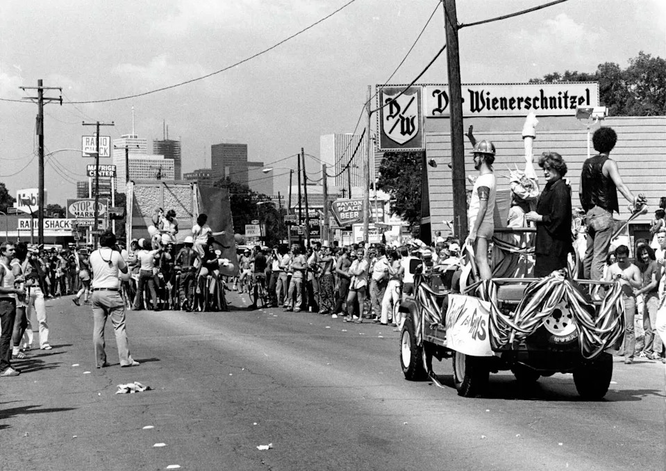 Participants ride along Westheimer during Houston's Gay Pride Week Parade on July 1, 1979. (Jerry Click/Houston Chronicle)