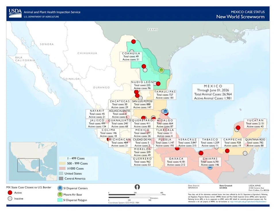 A map from the USDA Animal and Plant Health Inspection Service (APHIS) showing the current status of NWS in Mexico.