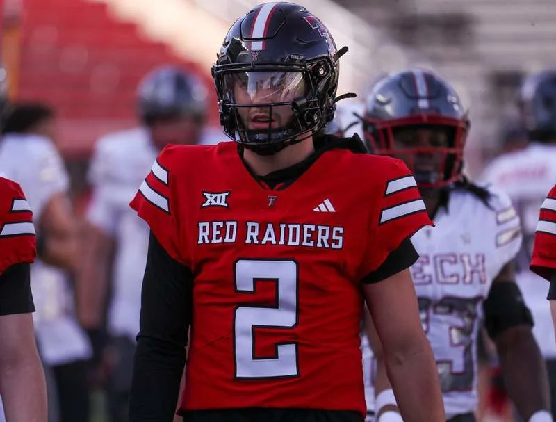 Texas Tech’s Brendan Sorsby looks on during the spring football game, Friday, April 17, 2026, at Jones AT&T Stadium.