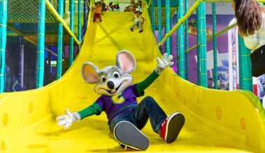 Child-friendly indoor playground with a colorful slide and a cheerful mouse mascot