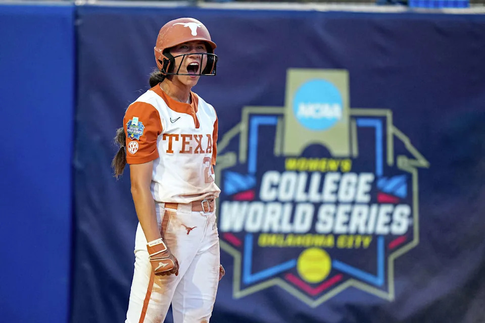 Texas Longhorns infielder Jaycie Nichols (24) celebrates a score during game one of the NCAA Women’s College World Series against Texas Tech at Devon Park on Wednesday, June 3, 2026 in Oklahoma City, Oklahoma. (Aaron E. Martinez/Austin American-Statesman)