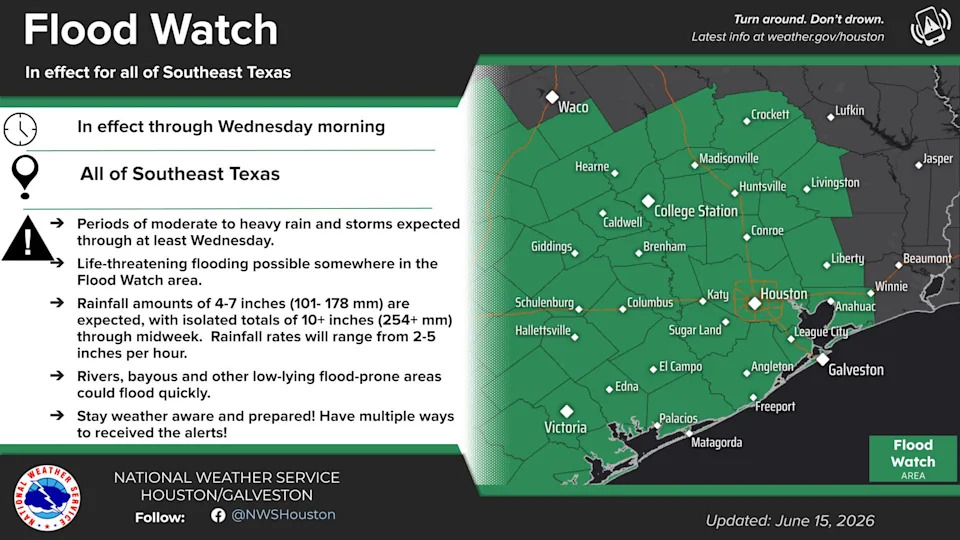 Flash flood warning in effect until early Wednesday morning, June 17, 2026.