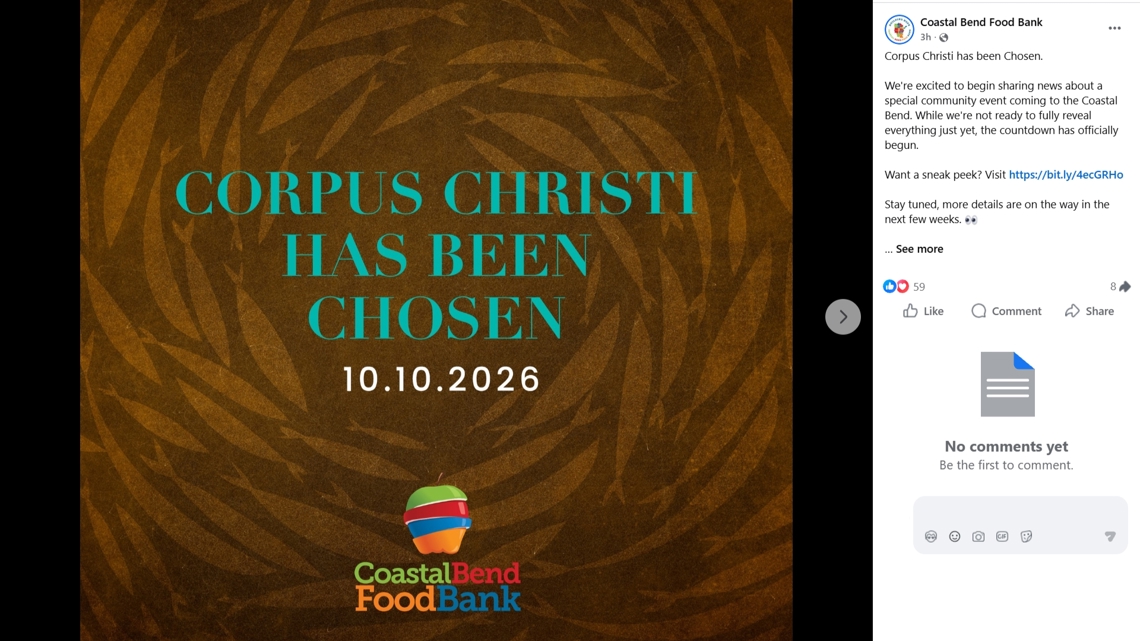 "Corpus Christi has been chosen." Coastal Bend Food Bank teases upcoming event at Whataburger Field