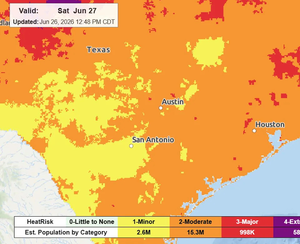 The National Weather Service's HeatRisk map indicates a "moderate" public heat health risk on Saturday across Central Texas. (National Weather Service)