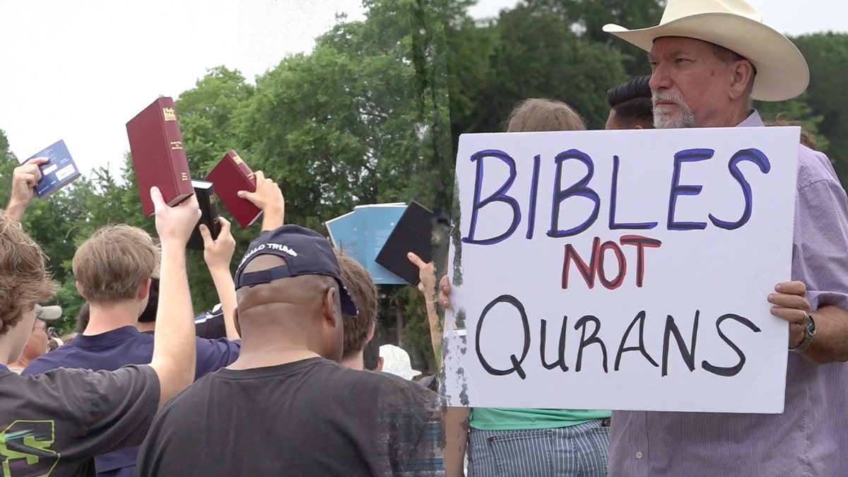 A person handing out a Bible in Texas.