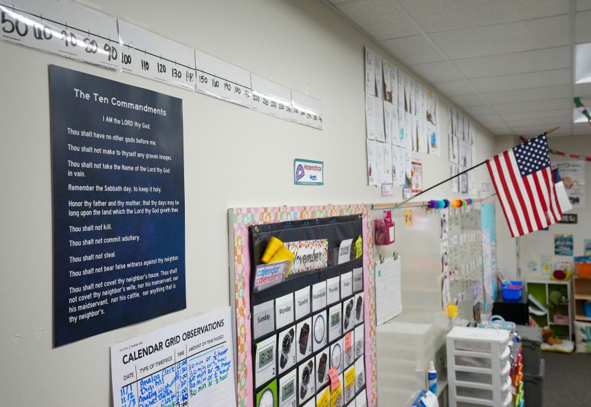 A copy of the Ten Commandments is displayed in a classroom at Bagdad Elementary School in Leander, Texas, on November 19, 2025.