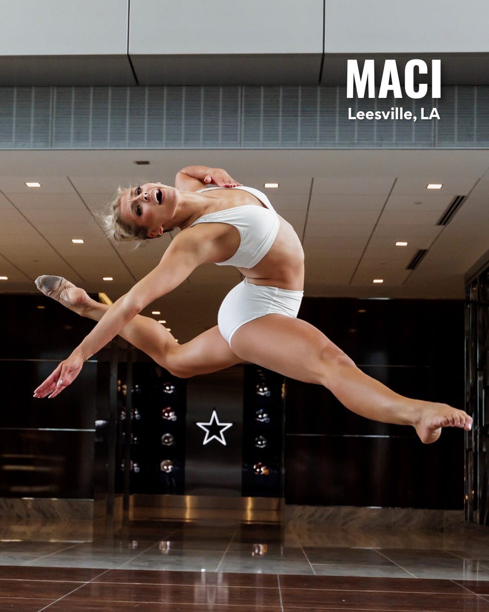 Dancer in mid-air leap, wearing white, against a modern indoor background. Dancer in mid-air leap, wearing white, against a modern indoor background.