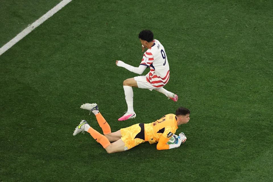 Orlando Gill #12 of Paraguay makes a save from Ricardo Pepi #9 of the United States during the FIFA World Cup 2026 Group D match between USA and Paraguay at Los Angeles Stadium on June 12, 2026 in Los Angeles, California.