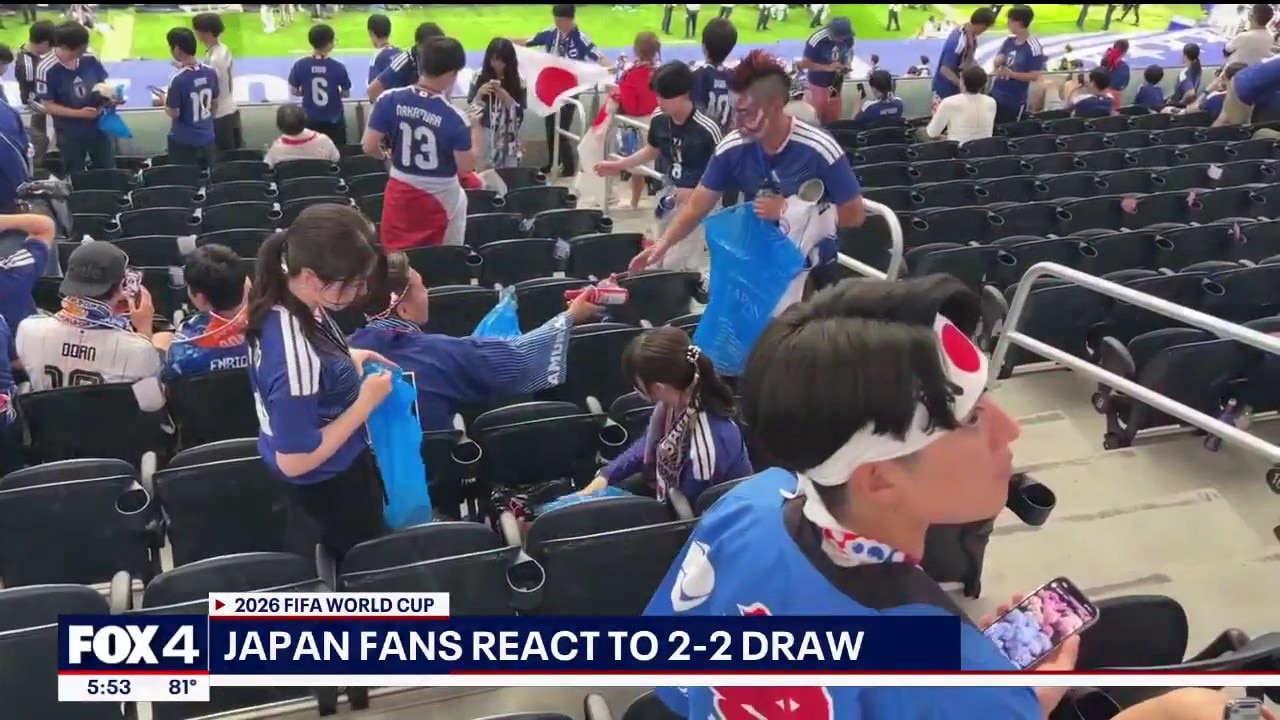 Japanese fans clean trash at Dallas Stadium