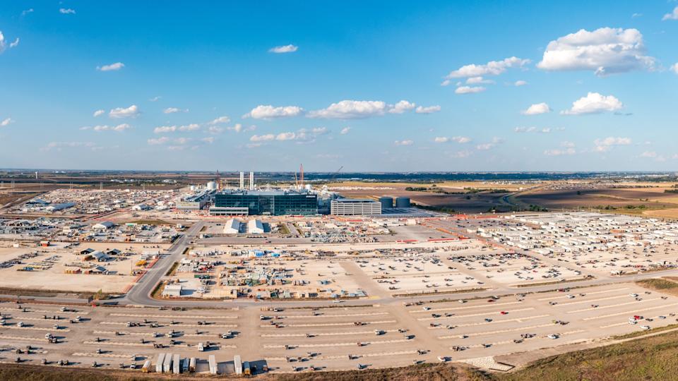 An aerial view of Taylor, Texas, showing off construction of a semiconductor fab