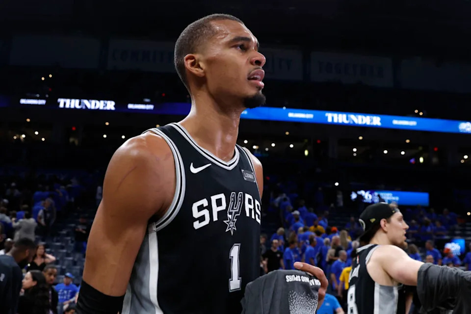 San Antonio Spurs forward Victor Wembanyama (1) celebrates after defeating the Oklahoma City Thunder in game seven of the western conference finals for the 2026 NBA playoffs at Paycom Center