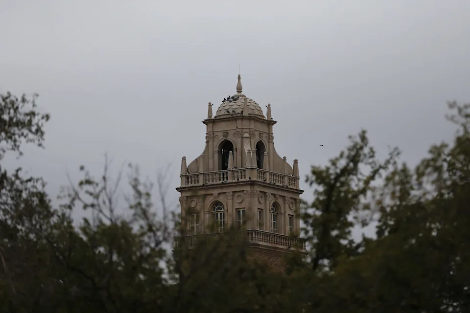 The Victory Bell Tower on the left hand side of the Texas Tech Administration Building as seen on Oct. 18, 2024, in Lubbock.
