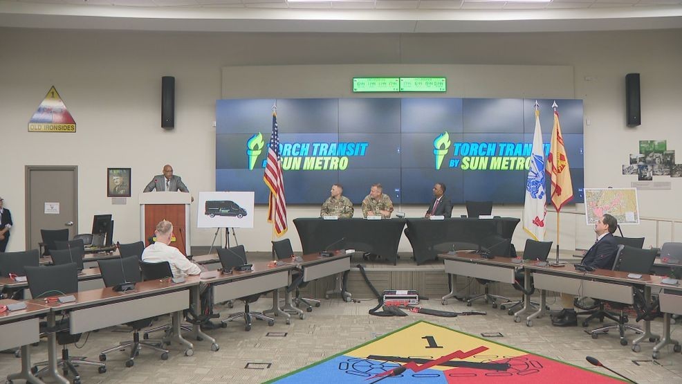 Officials with the City of El Paso and Fort Bliss sign an agreement to partner up for a new free on-base transportation service. June 29, 2026. Credit: KFOX14/CBS4